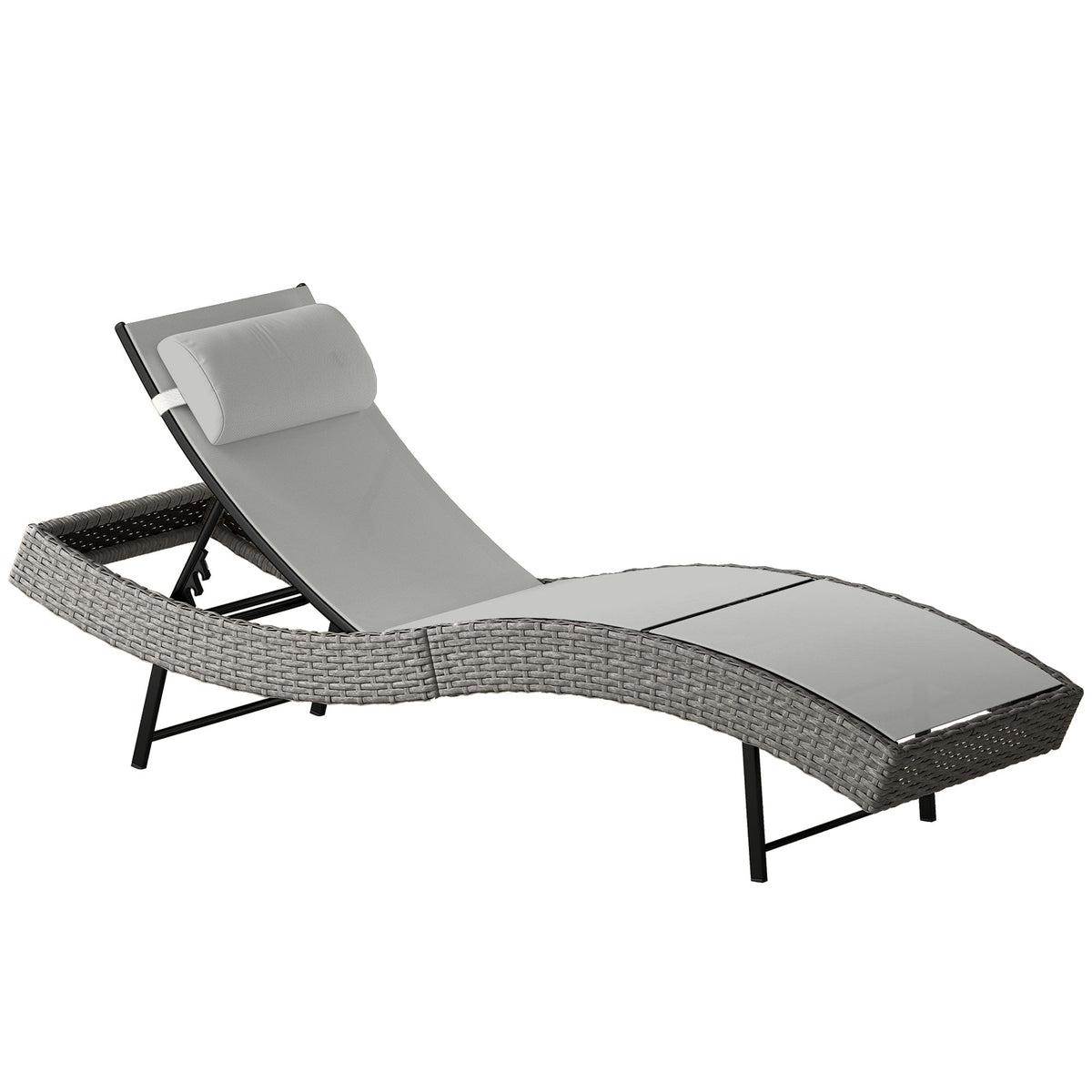 Rattan Sun Lounger with S-Shaped Seat and 5-Position Backrest, Light Grey