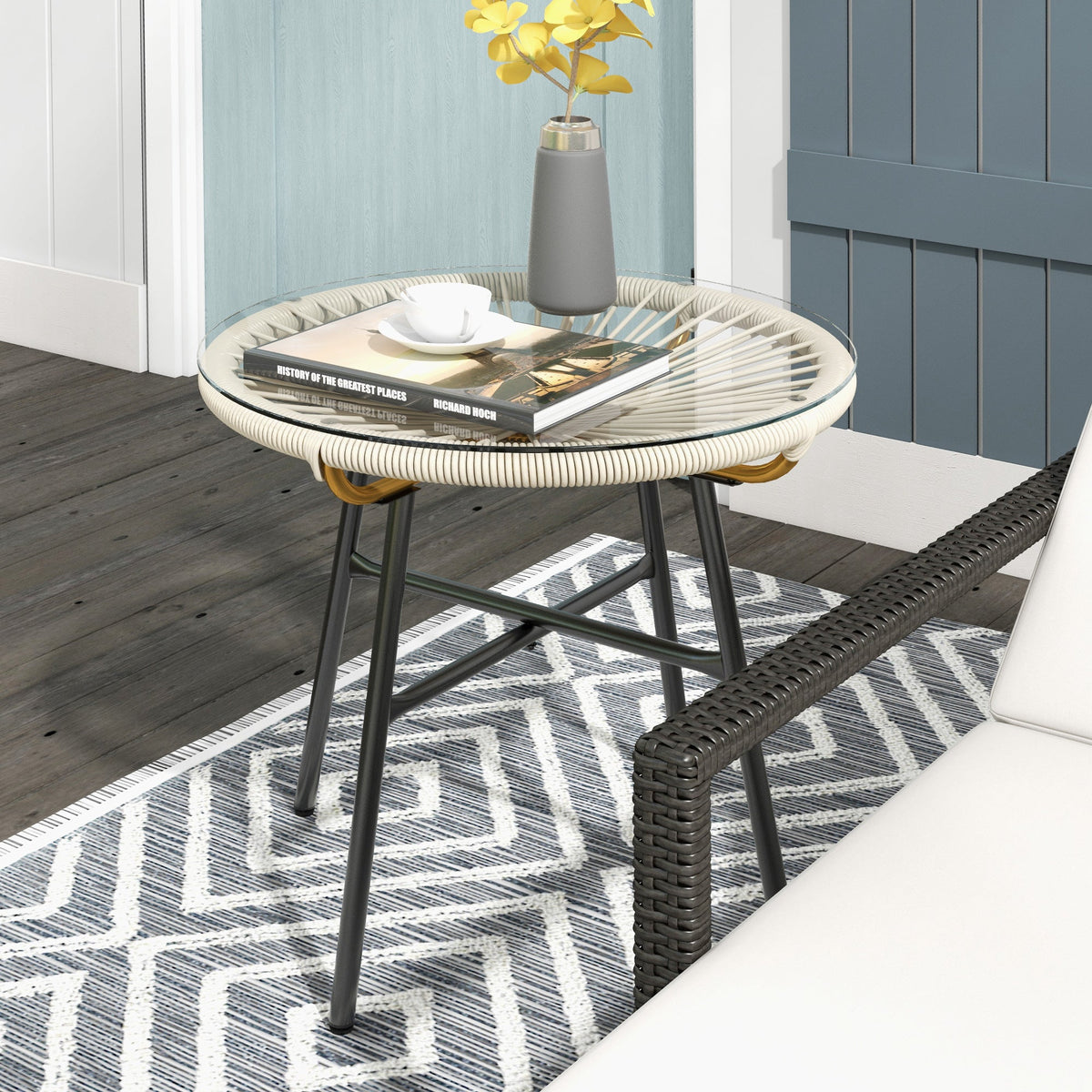 Round Rattan Side Table with Tempered Glass Top, Cream White