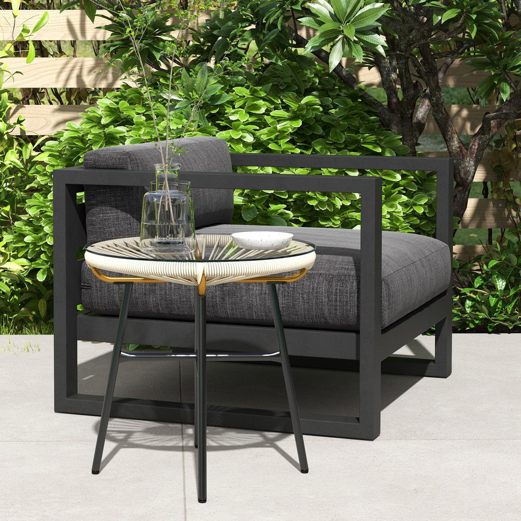 Round Rattan Side Table with Tempered Glass Top, Cream White