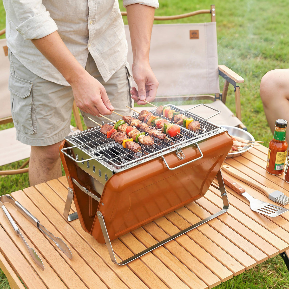 Folding Portable Charcoal BBQ Grill with Handle and Foldable Legs, Orange