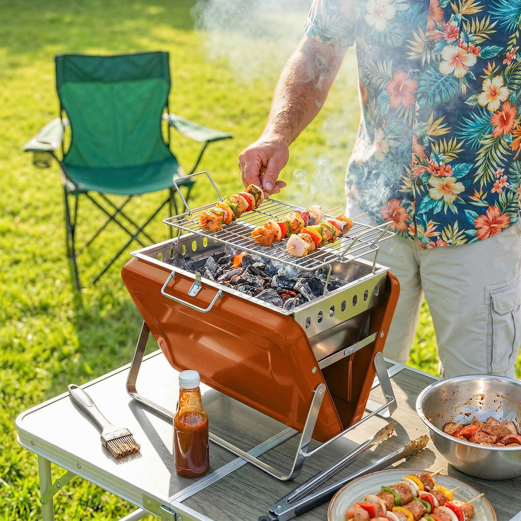 Folding Portable Charcoal BBQ Grill with Handle and Foldable Legs, Orange