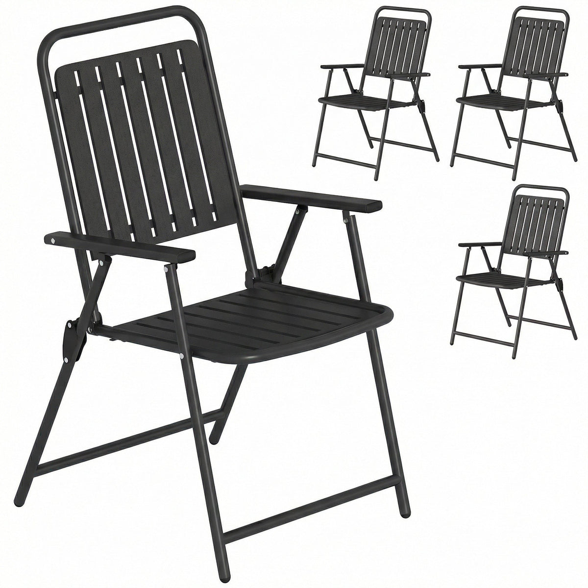 Set of 4 Folding Garden Chairs with Armrests and Slatted Seat, Black