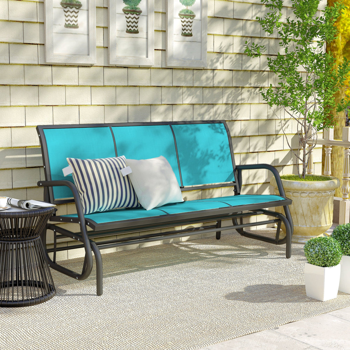 3-Seat Outdoor Glider Bench with Mesh Seat and Steel Frame, Blue