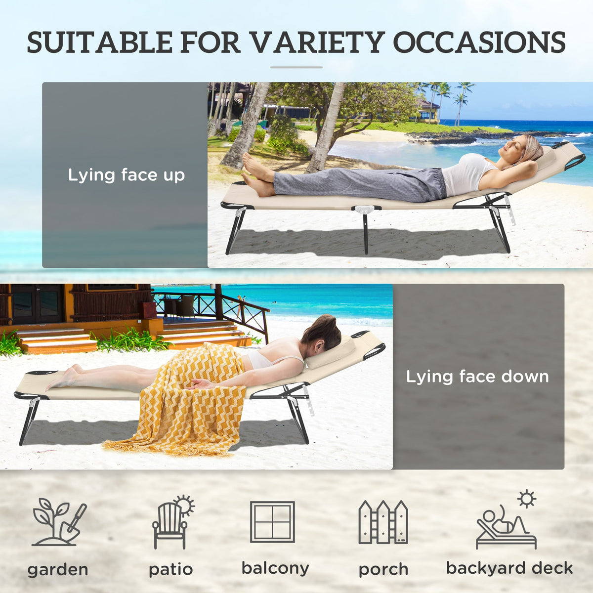 Folding Outdoor Lounge Chair with Face Hole and Pillow, Beige