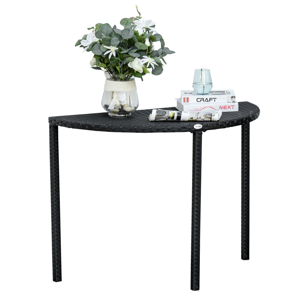 39.4" Half Round PE Rattan Side Table with Metal Frame, Black