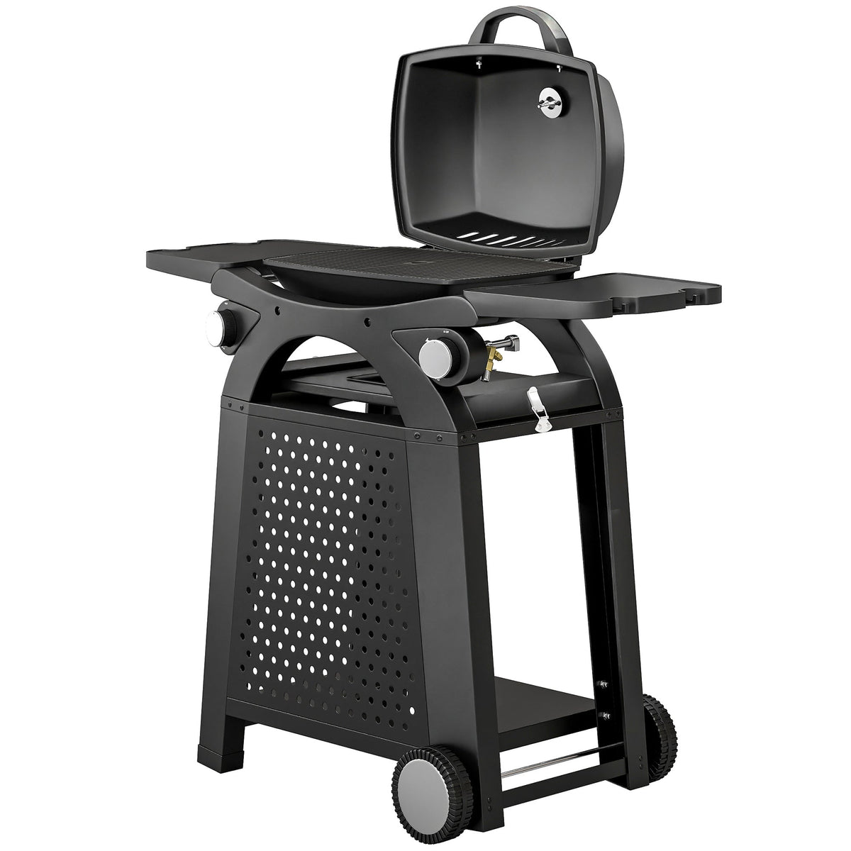 2 Burner Gas Grill with Wheels, Side Tables and Cast Iron Grates, Black
