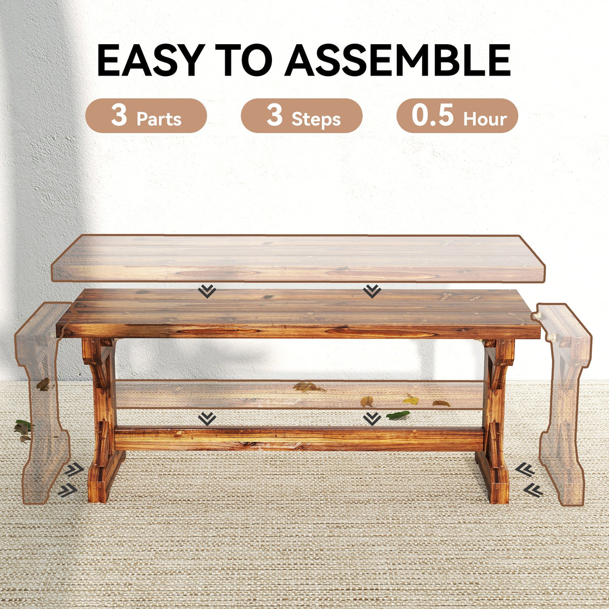 2-Person Outdoor Wooden Bench with Farmhouse X-Shaped Base, Carbonized