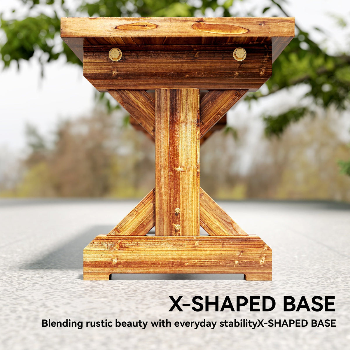 2-Person Outdoor Wooden Bench with Farmhouse X-Shaped Base, Carbonized
