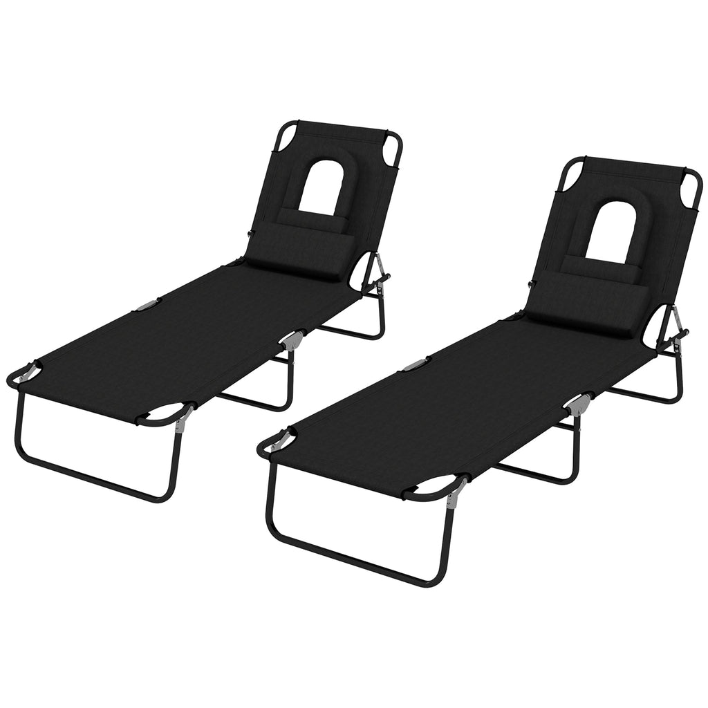 2pcs Adjustable Outdoor Lounge Chairs with Face Hole, Black