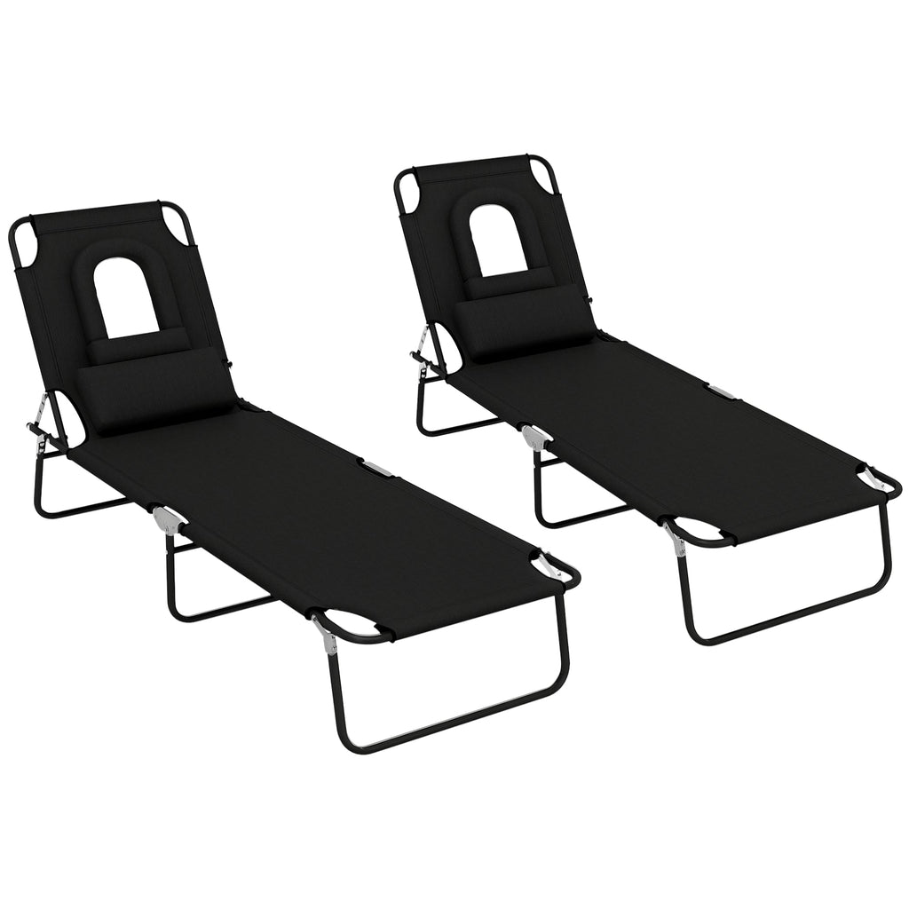 2pcs Adjustable Outdoor Lounge Chairs with Face Hole, Black