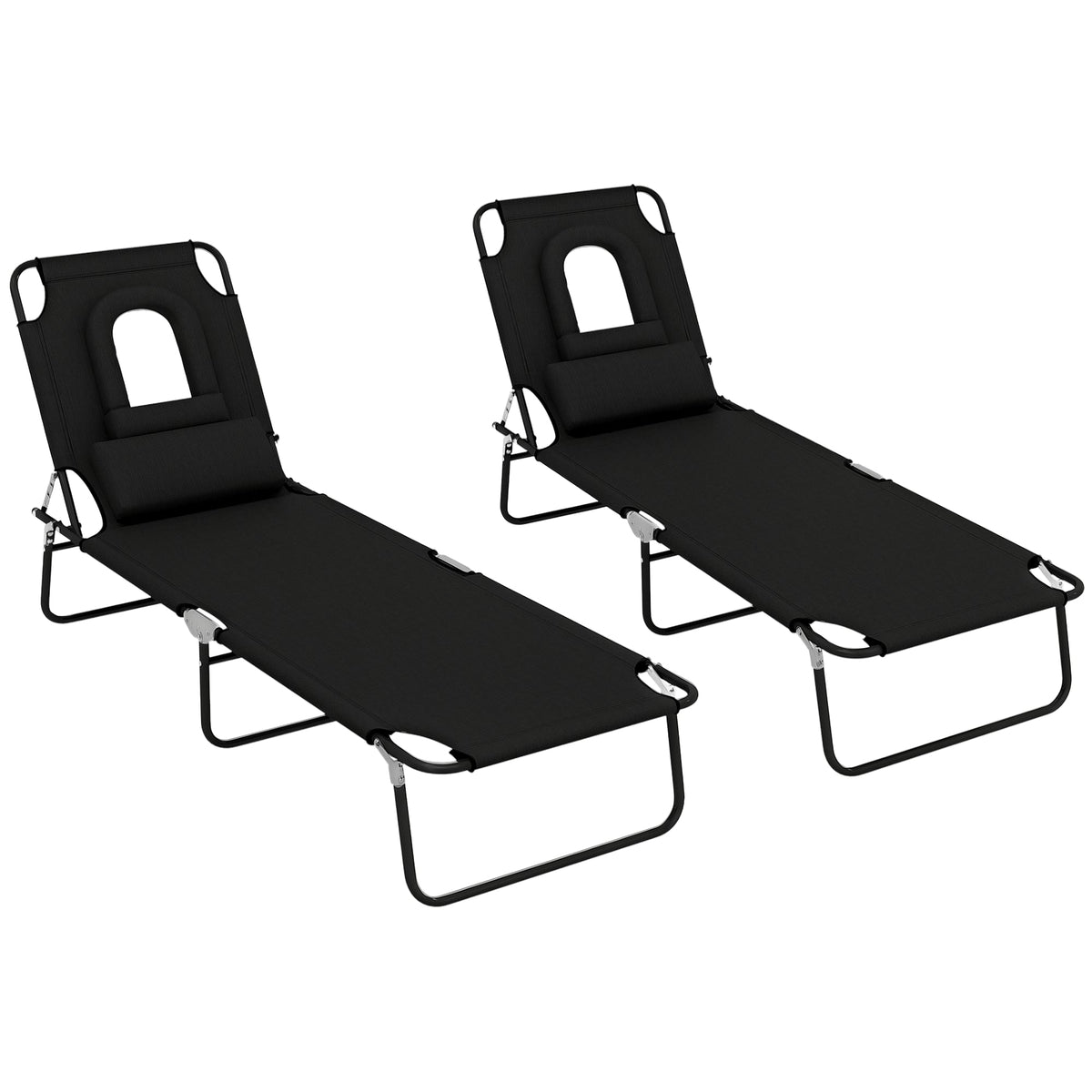 2pcs Adjustable Outdoor Lounge Chairs with Face Hole, Black
