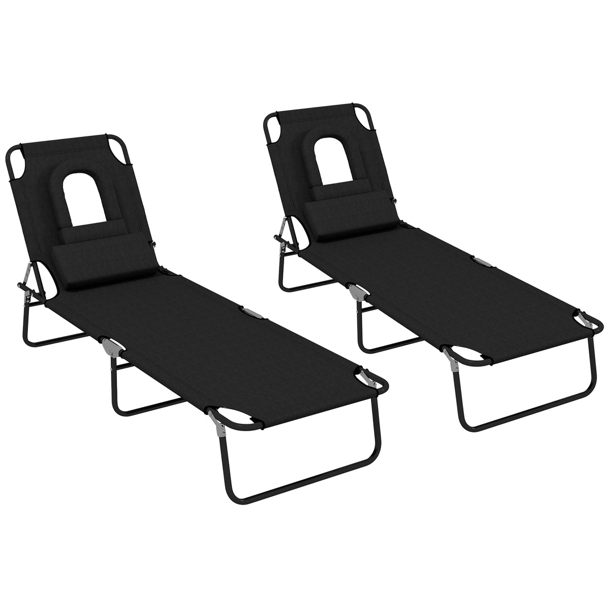 2pcs Adjustable Outdoor Lounge Chairs with Face Hole, Black