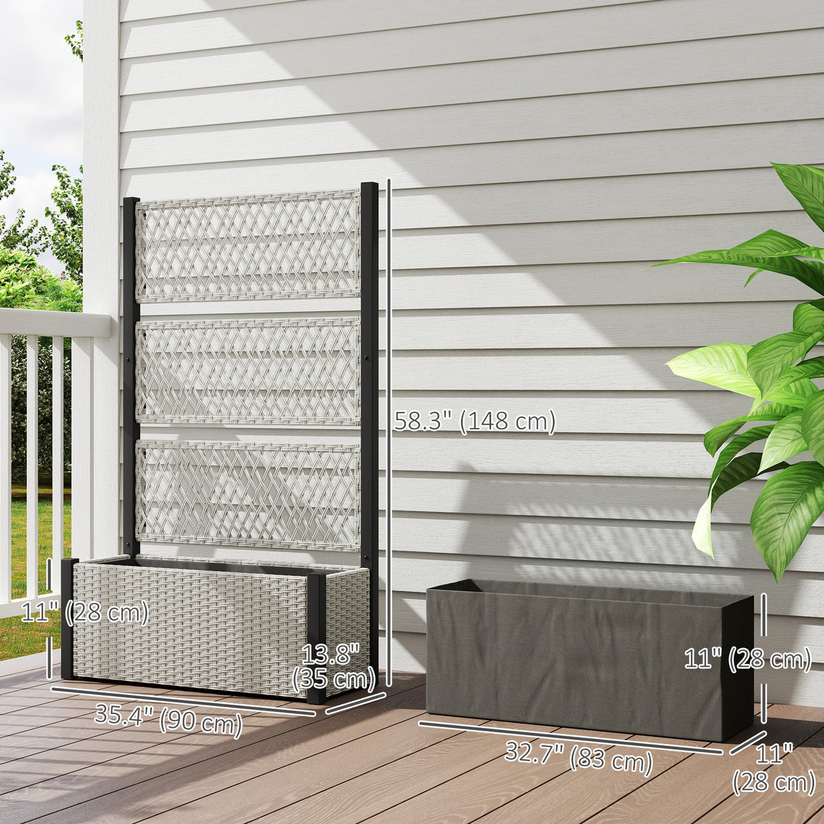58" Wicker Outdoor Planter with Trellis and Privacy Screen, Mixed Grey