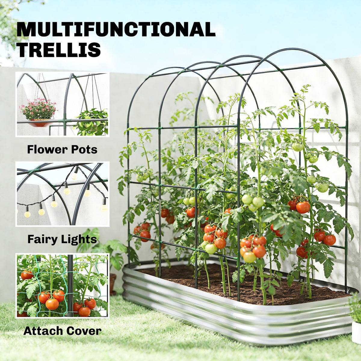 7 x 4 x 7ft Galvanized Raised Garden Bed with Arched Trellis, Silver