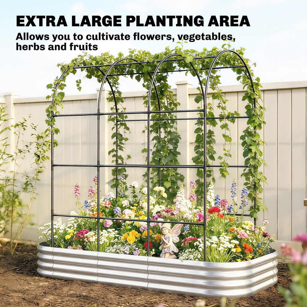 7 x 4 x 7ft Galvanized Raised Garden Bed with Arched Trellis, Silver