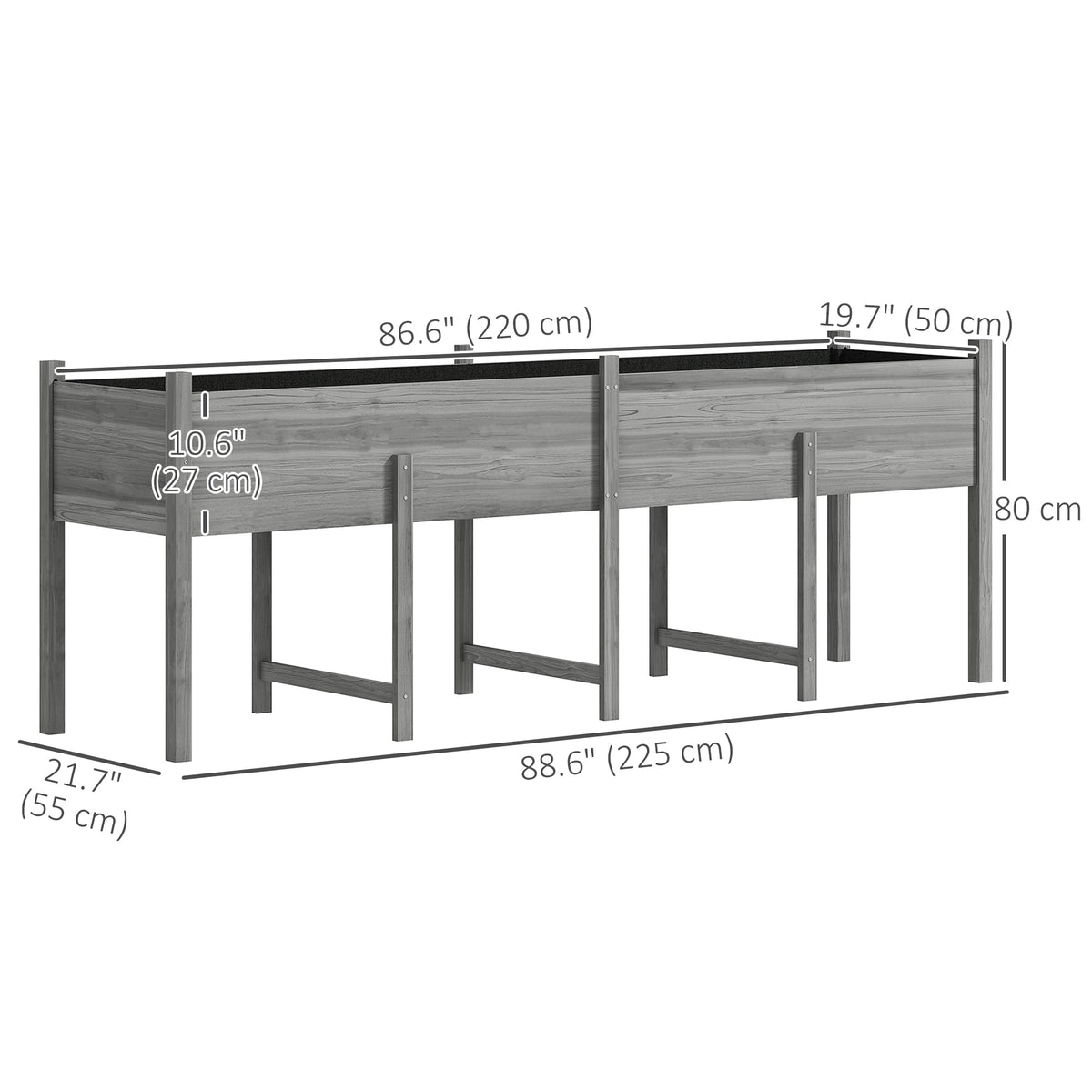 Wooden Raised Garden Bed with Liner, Legs and Drain Holes, Grey