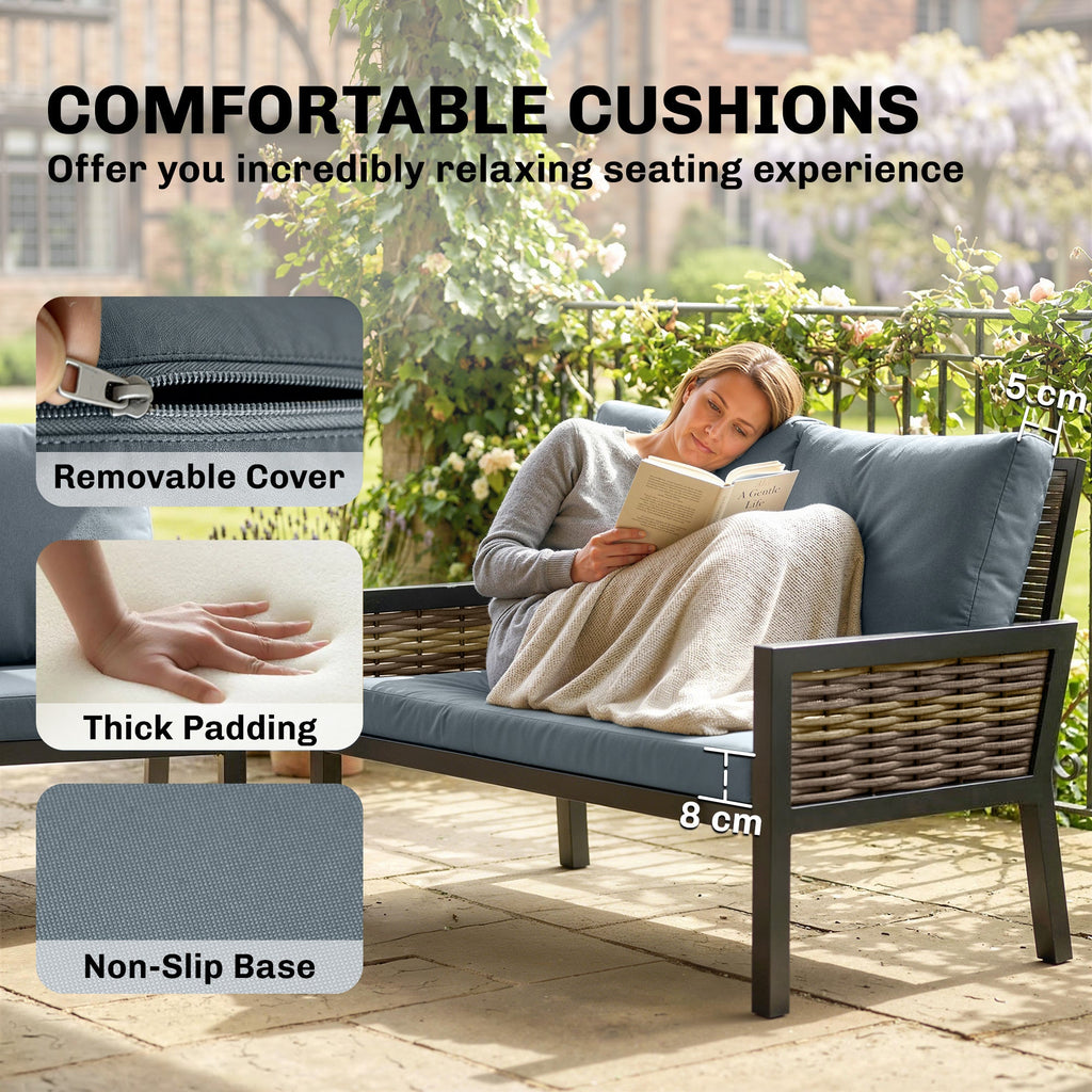 4-Seater Rattan Sofa Set with Cushions, Loveseat, 2 Armchairs & Coffee Table Grey