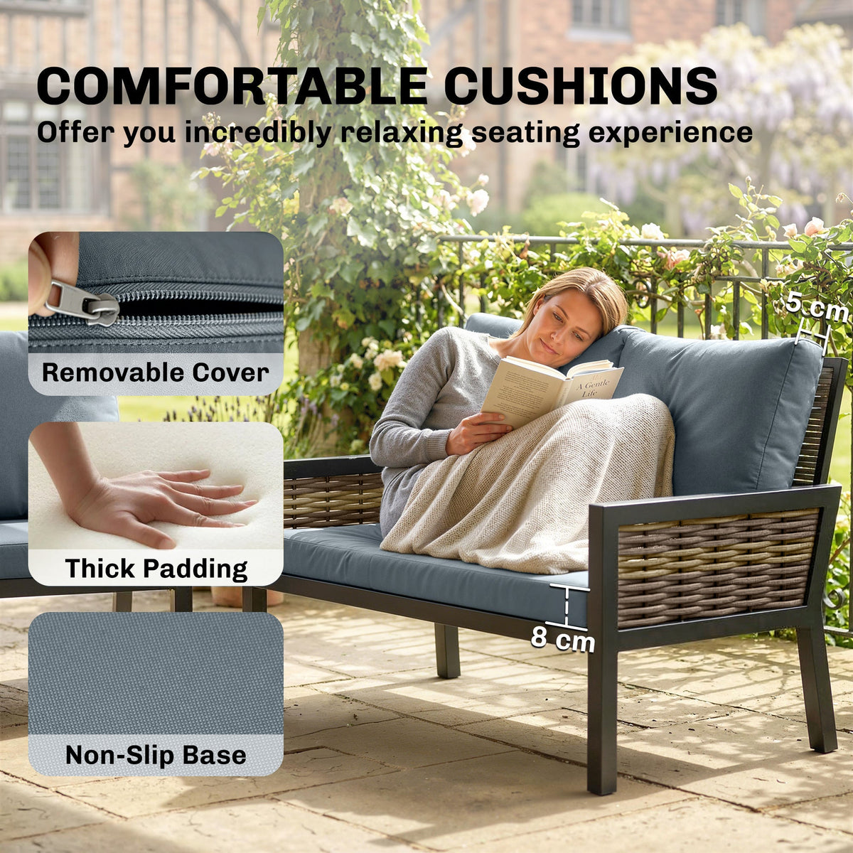 4-Seater Rattan Sofa Set with Cushions, Loveseat, 2 Armchairs & Coffee Table Grey