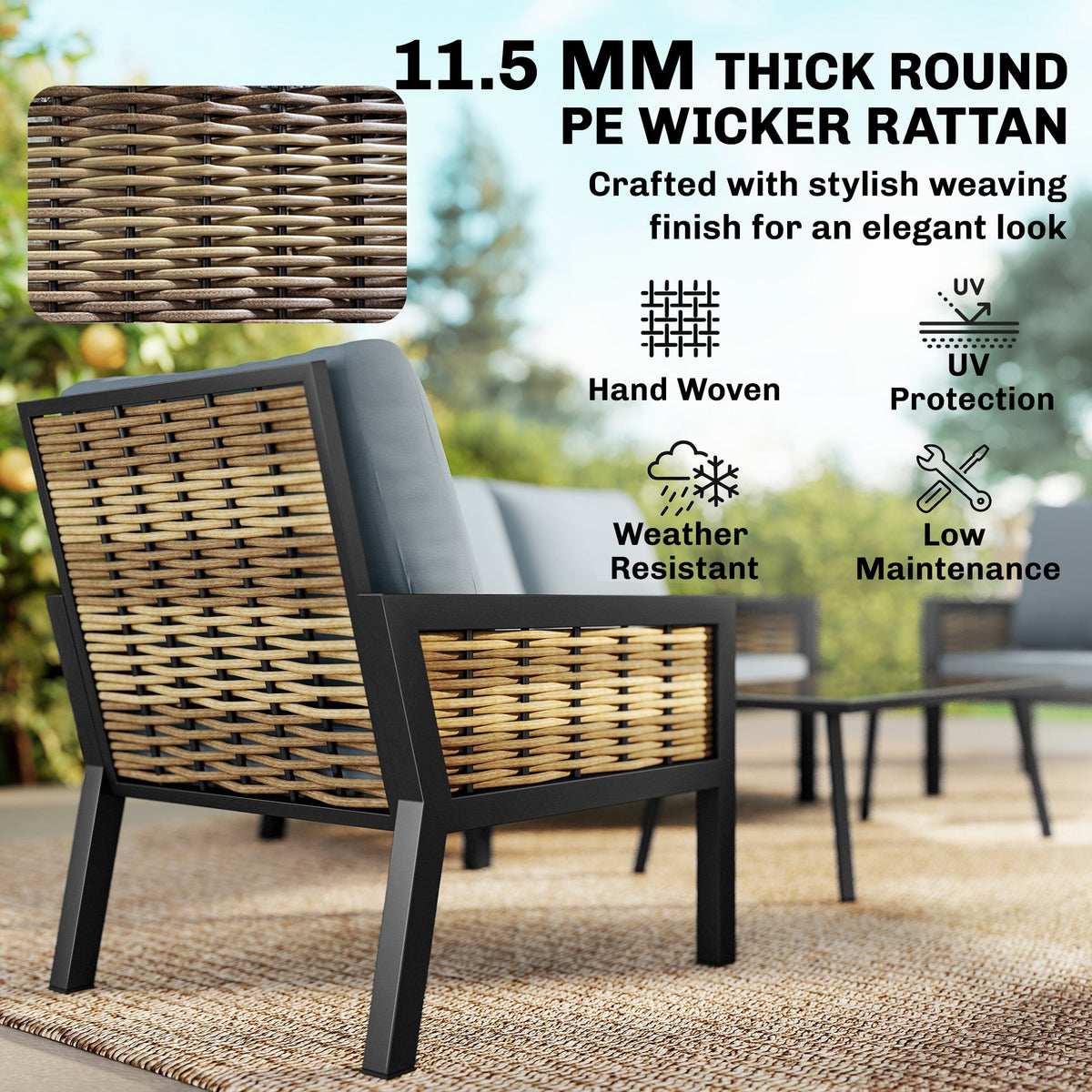 4-Seater Rattan Sofa Set with Cushions, Loveseat, 2 Armchairs & Coffee Table Grey