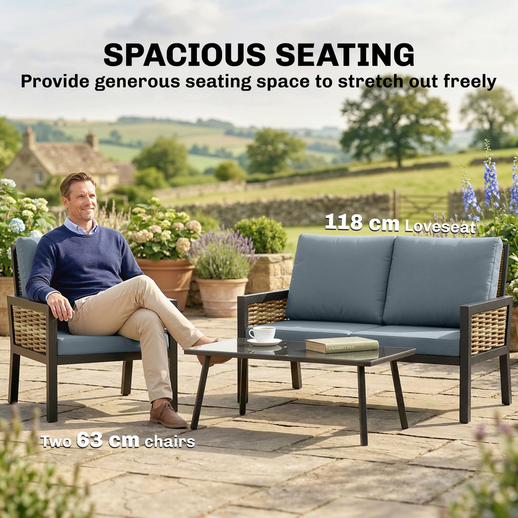 4-Seater Rattan Sofa Set with Cushions, Loveseat, 2 Armchairs & Coffee Table Grey