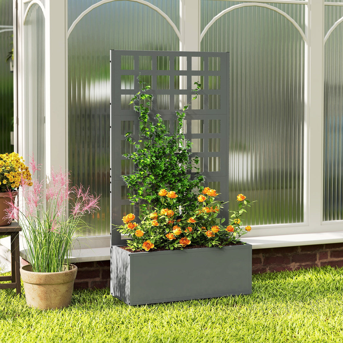 24" x 9" x 44.5" Raised Garden Bed with Trellis and Drainage, Gray