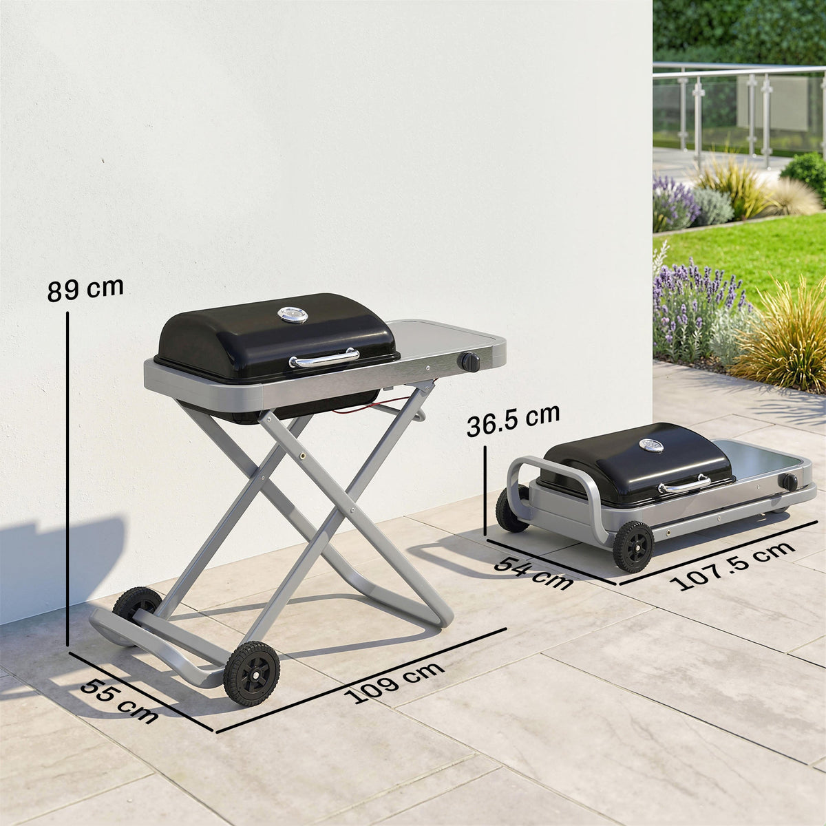 Foldable Gas BBQ Grill with Side Table & Trolley, Grease Box, 2.5 kW, Black