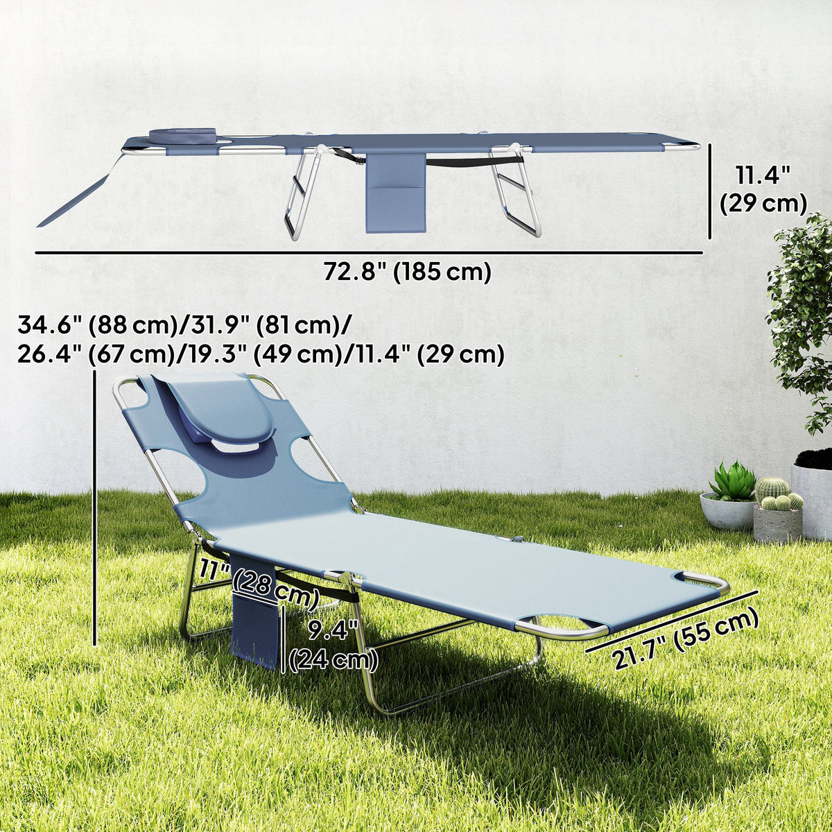 Folding Lounge Chair with Face Hole, Side Pocket and Strap, Grey