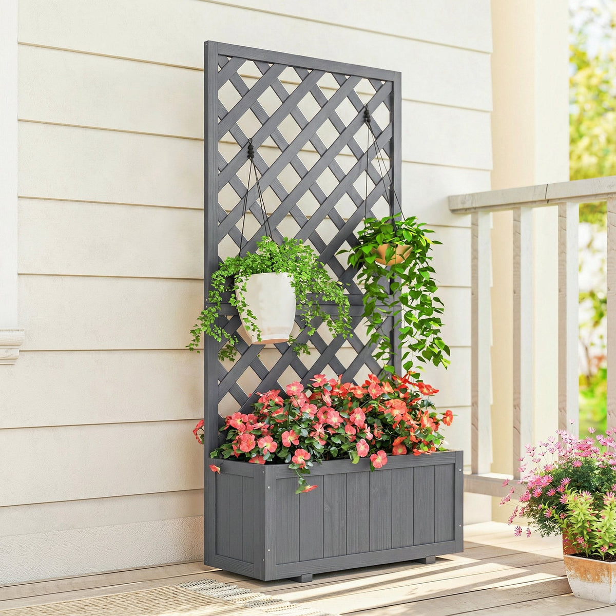 Wood Planter with Trellis and Drainage Holes, Grey