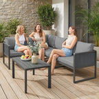 6 Seater Metal Garden Corner Sofa Set with Faux Wood Table, Dark Grey