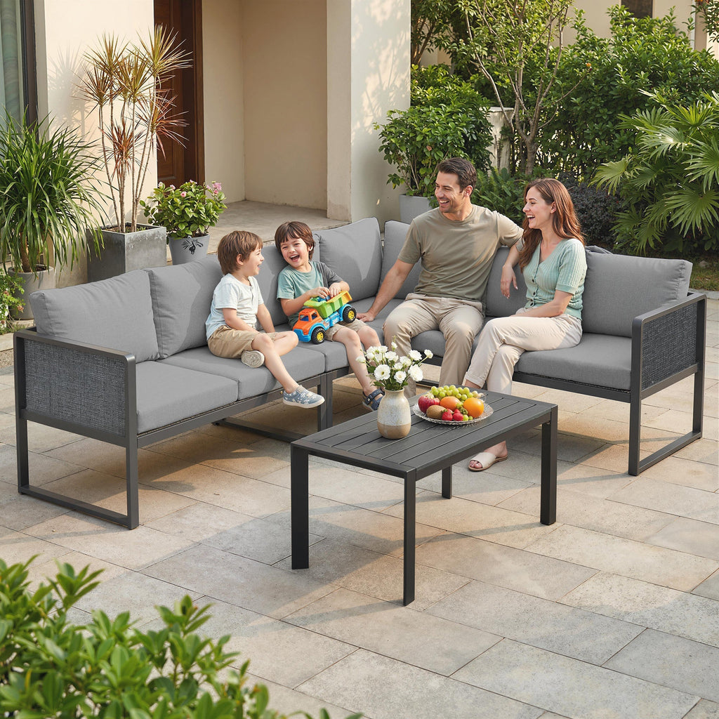 6 Seater Metal Garden Corner Sofa Set with Faux Wood Table, Dark Grey
