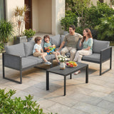 6 Seater Metal Garden Corner Sofa Set with Faux Wood Table, Dark Grey