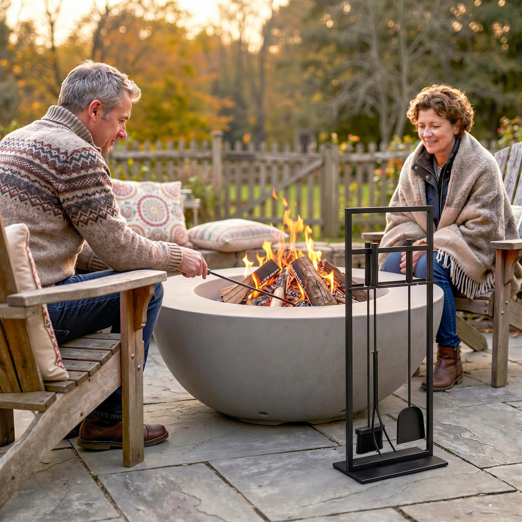 5-Piece Fireplace Tool Set with Brush, Shovel, Poker, Tongs & Stand, Black Metal