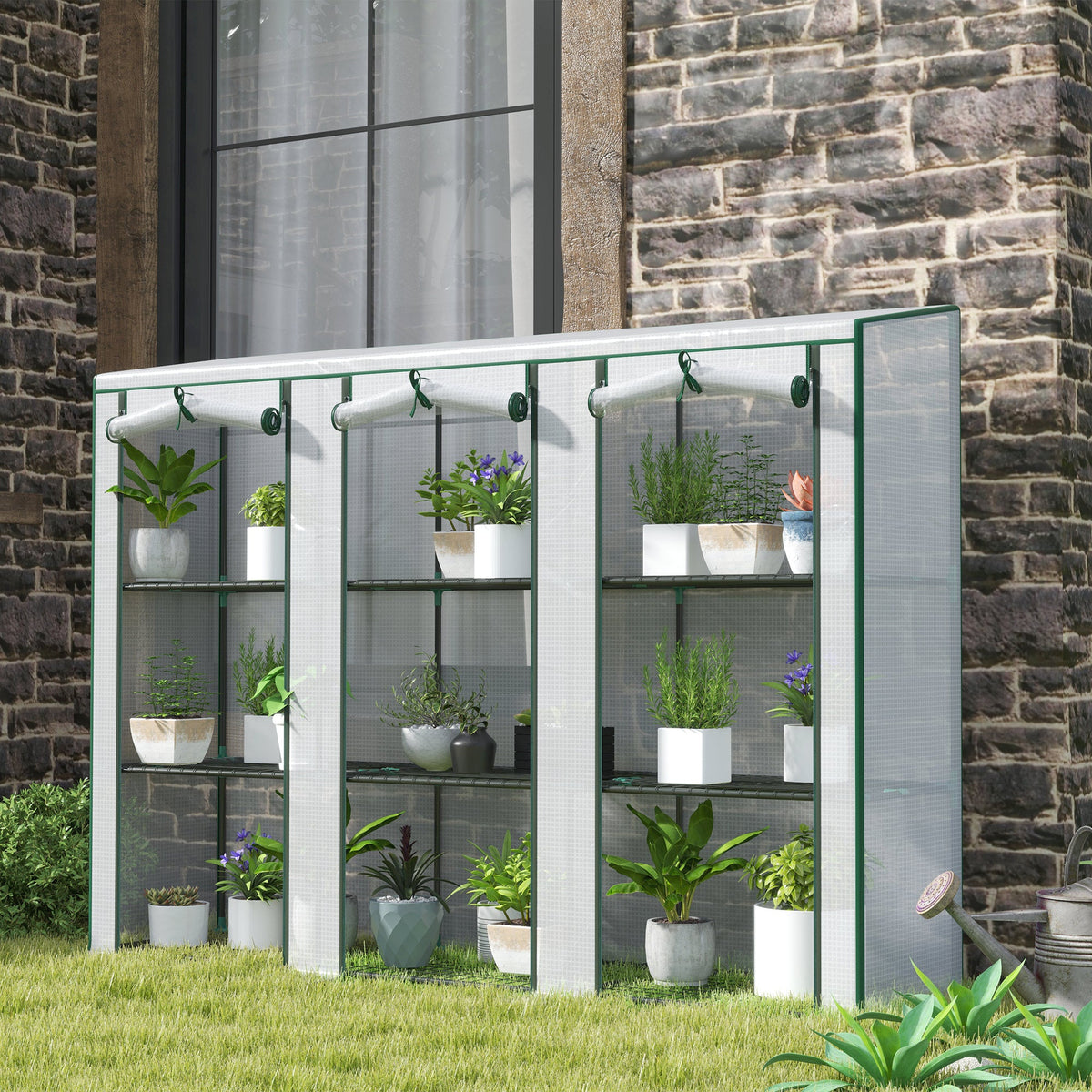 Lean-to Greenhouse 84.6" x 18.1" x 56.7" with 3 Shelves & 3 Rollup Doors, White