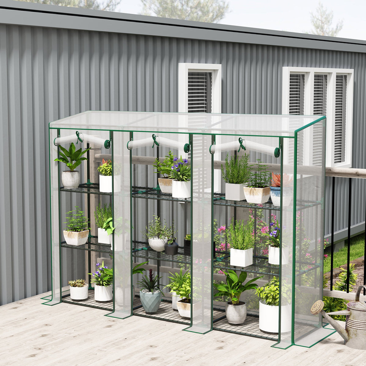 Lean-to Greenhouse 84.6" x 18.1" x 56.7" with 3 Shelves & 3 Rollup Doors, White