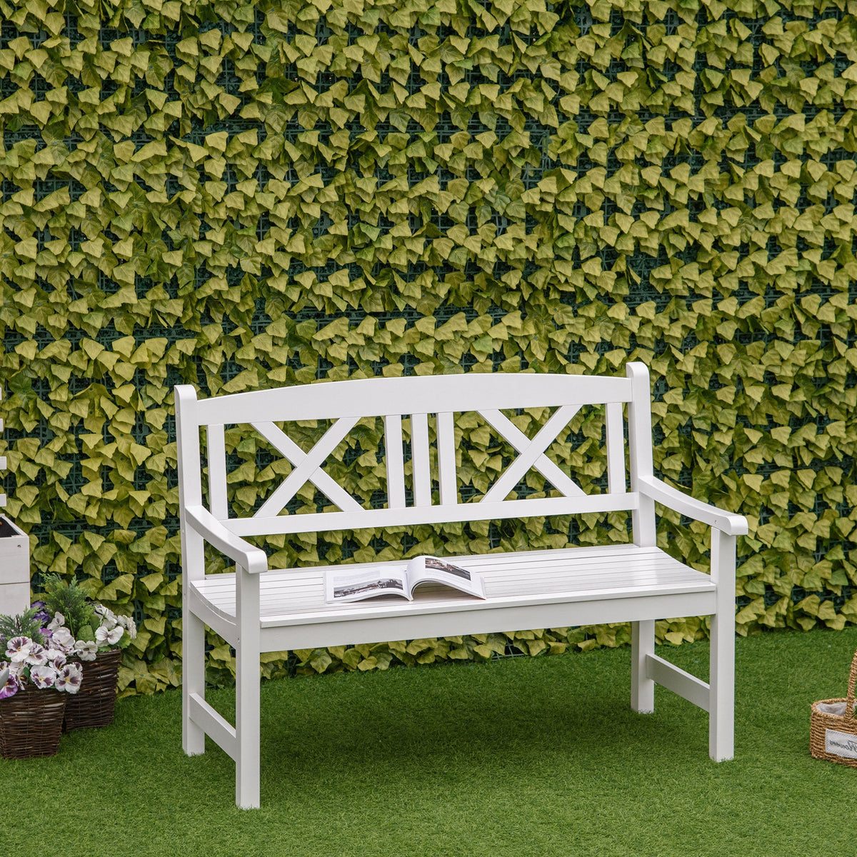 4FT 2-Seater Wooden Garden Bench with X-Shape Back, White