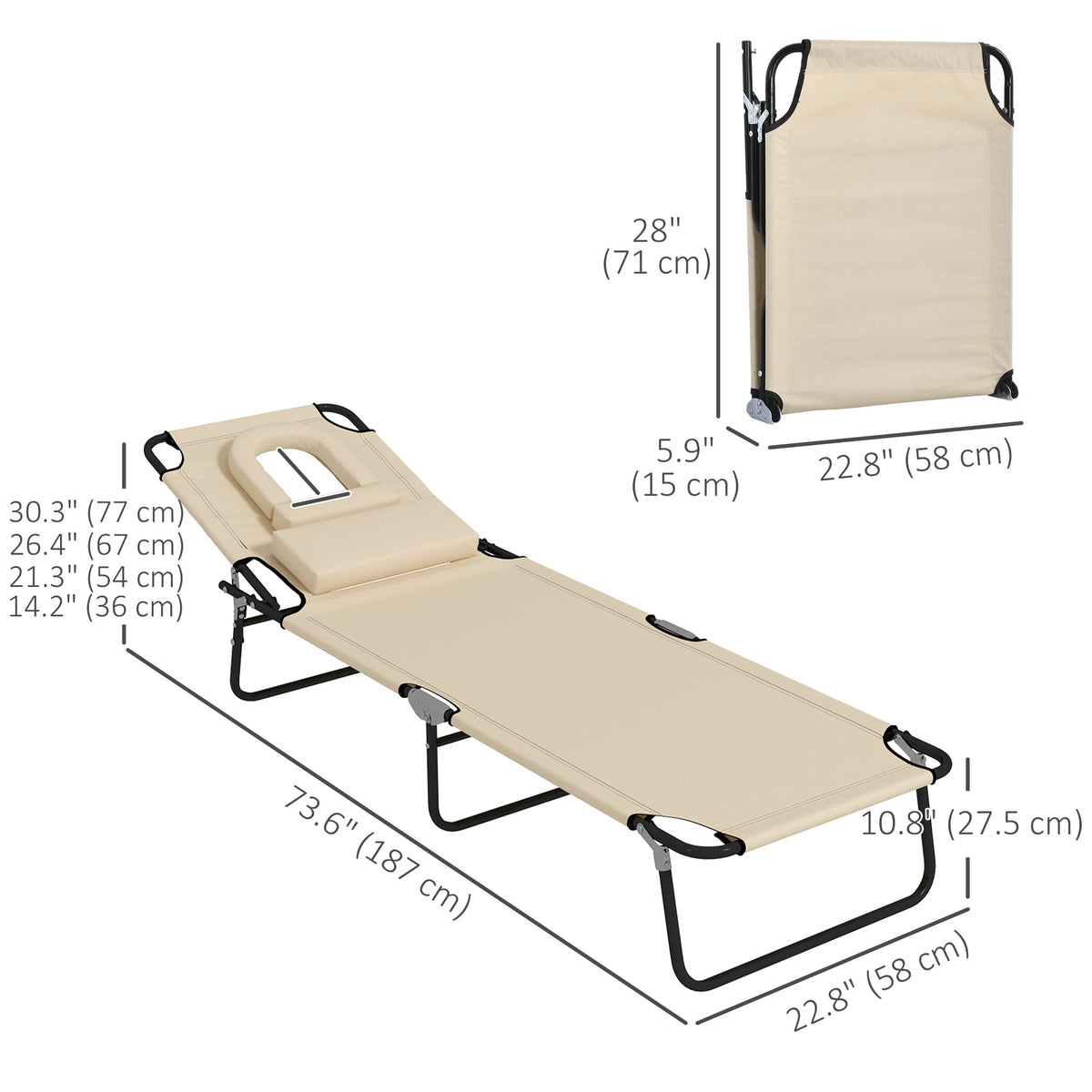 2pcs Adjustable Outdoor Lounge Chairs with Face Hole, Beige