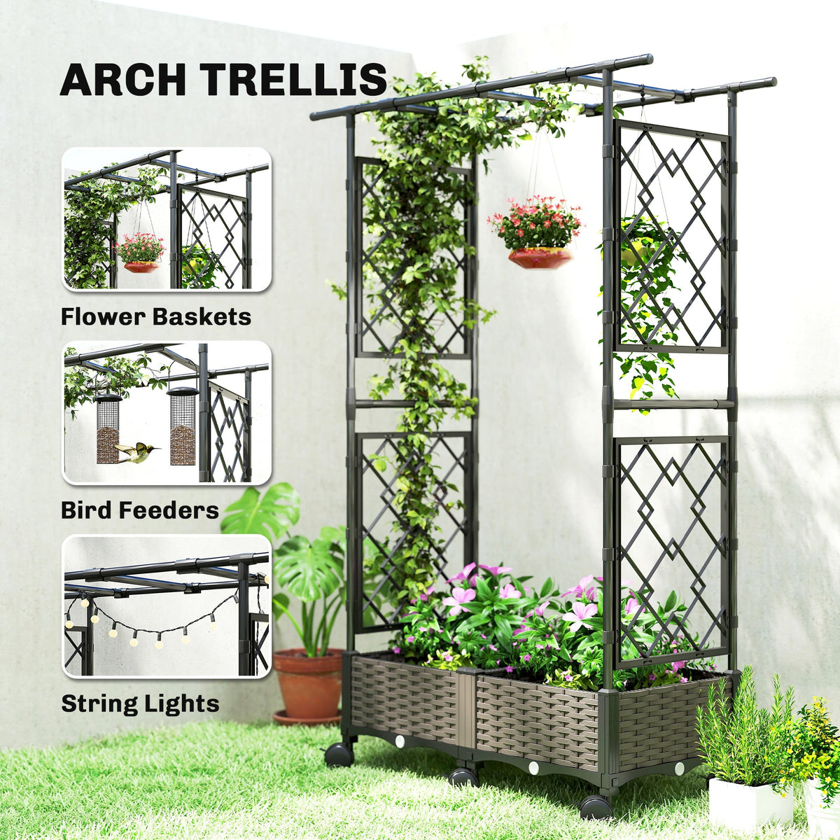Raised Garden Bed with Arch Trellis, Wheels and Self-Watering Design