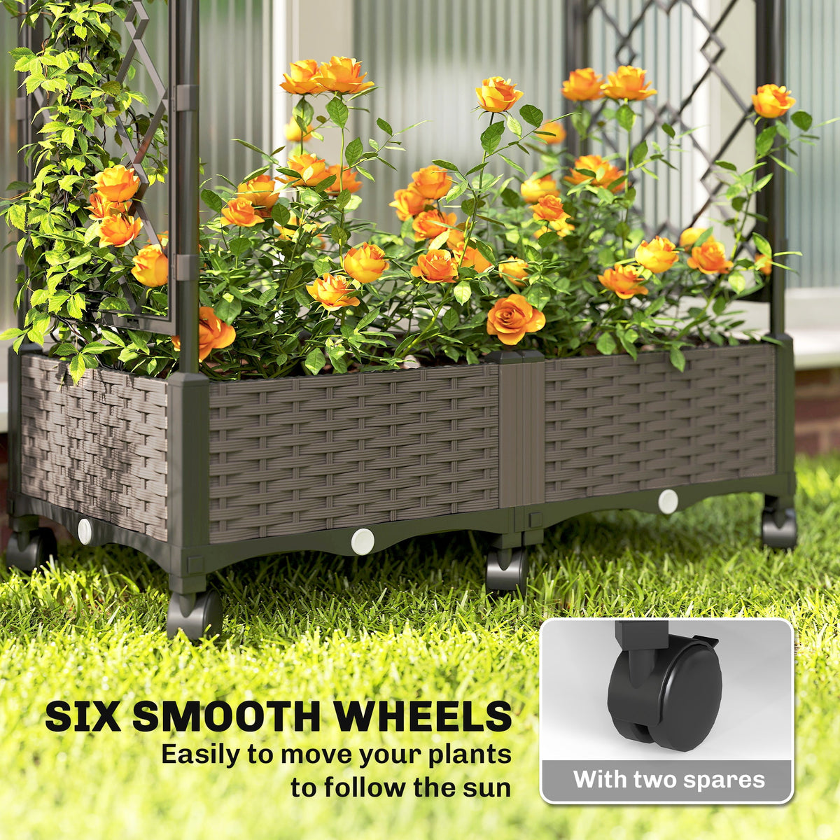 Raised Garden Bed with Arch Trellis, Wheels and Self-Watering Design