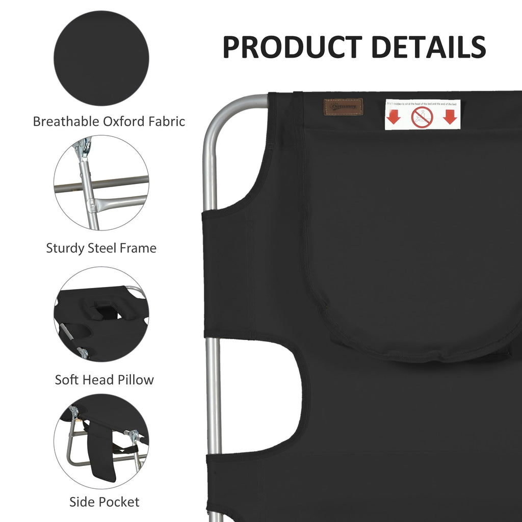 Folding Lounge Chair with Face Hole, Side Pocket and Strap, Black