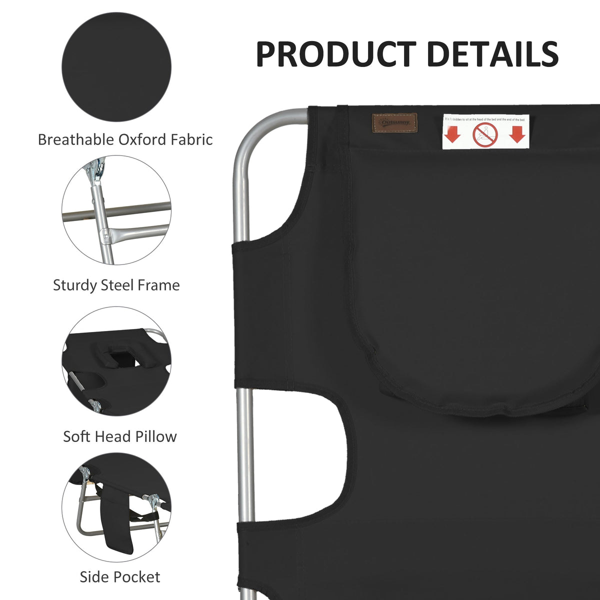 Folding Lounge Chair with Face Hole, Side Pocket and Strap, Black