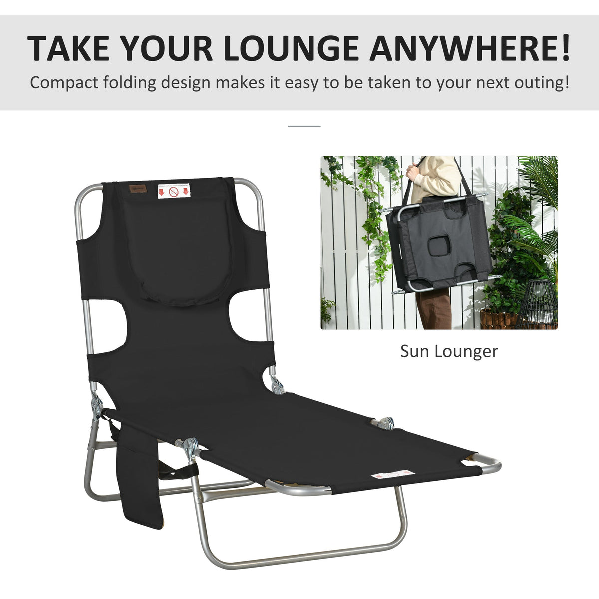Folding Lounge Chair with Face Hole, Side Pocket and Strap, Black