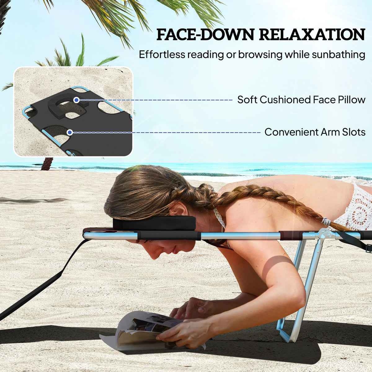 Folding Lounge Chair with Face Hole, Side Pocket and Strap, Black