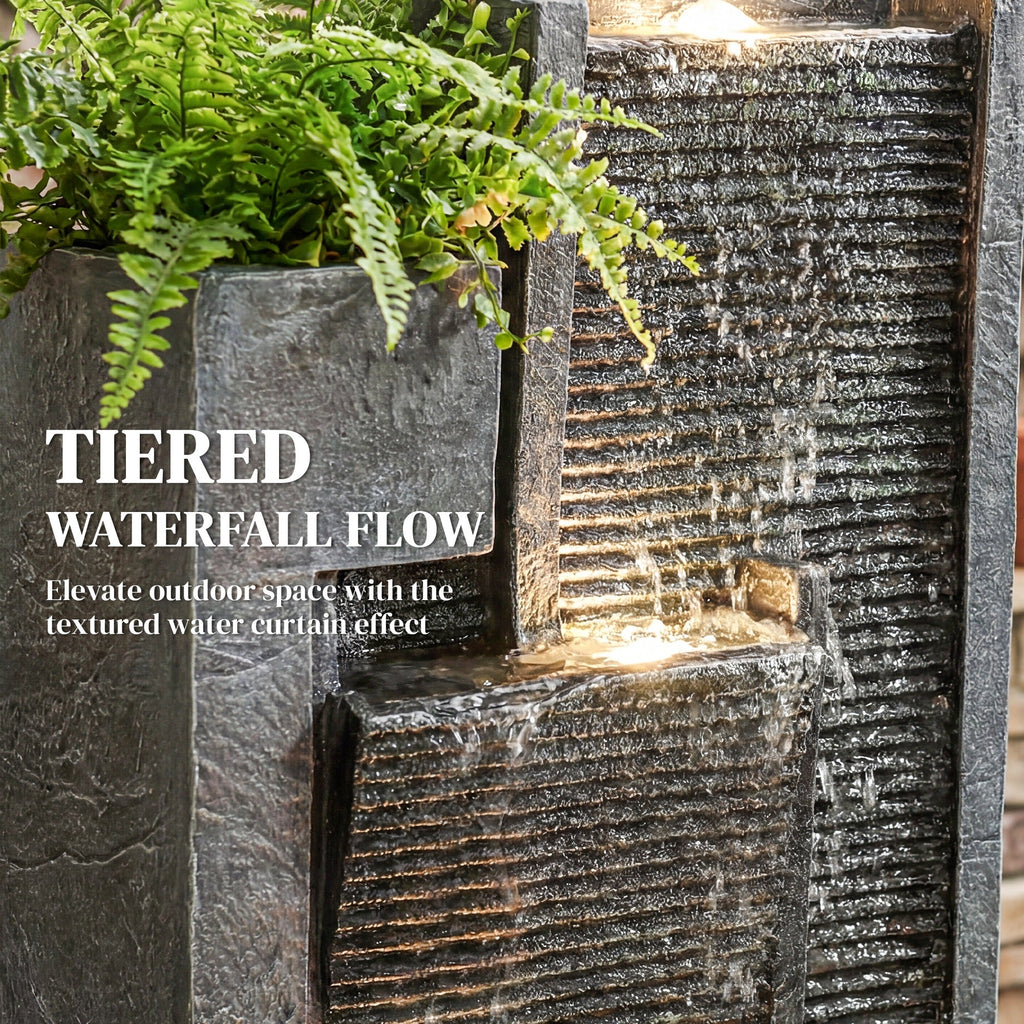 3-Tier Water Feature with LED Lights, Planter and Pump, Dark Grey