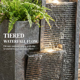3-Tier Water Feature with LED Lights, Planter and Pump, Dark Grey