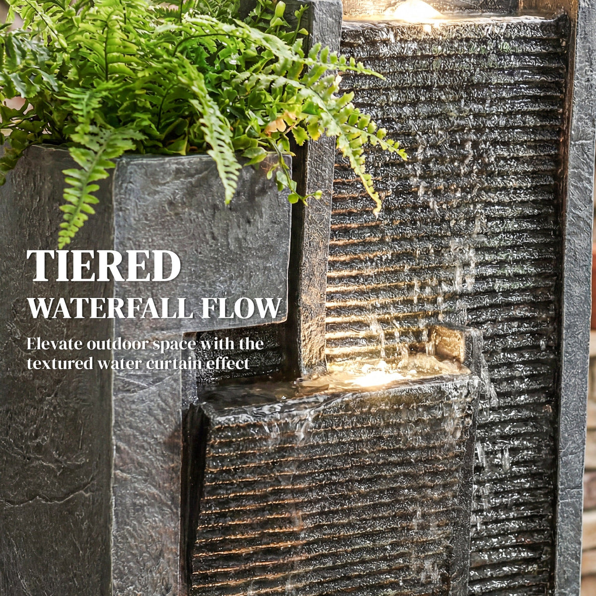 3-Tier Water Feature with LED Lights, Planter and Pump, Dark Grey