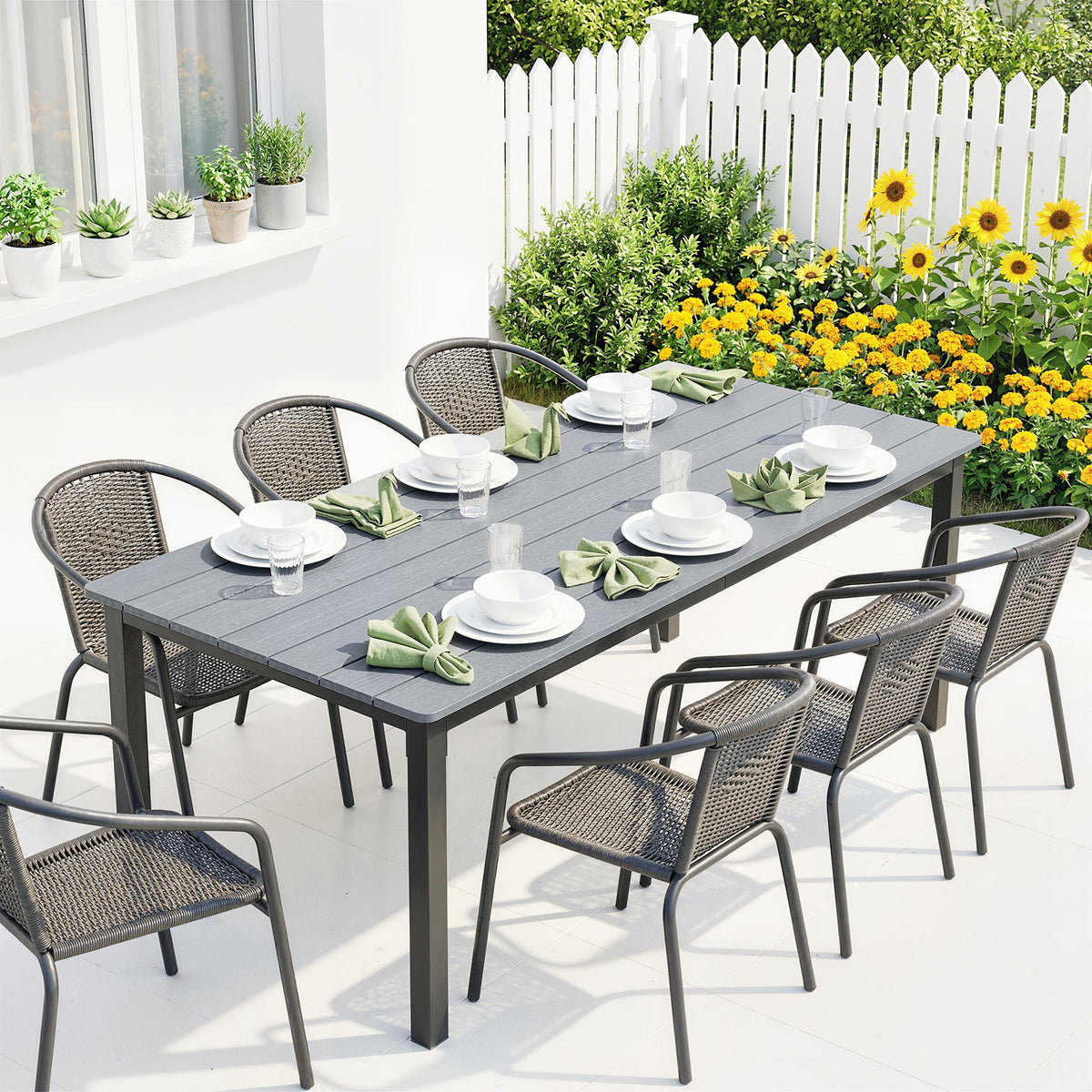 180 x 86 cm Garden Dining Table for 6-8 with Wood Slatted Top, Grey