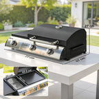3-Burner Portable Gas Plancha Grill 8.1 kW with Griddle & Side Shelf, Black