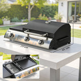 3-Burner Portable Gas Plancha Grill 8.1 kW with Griddle & Side Shelf, Black