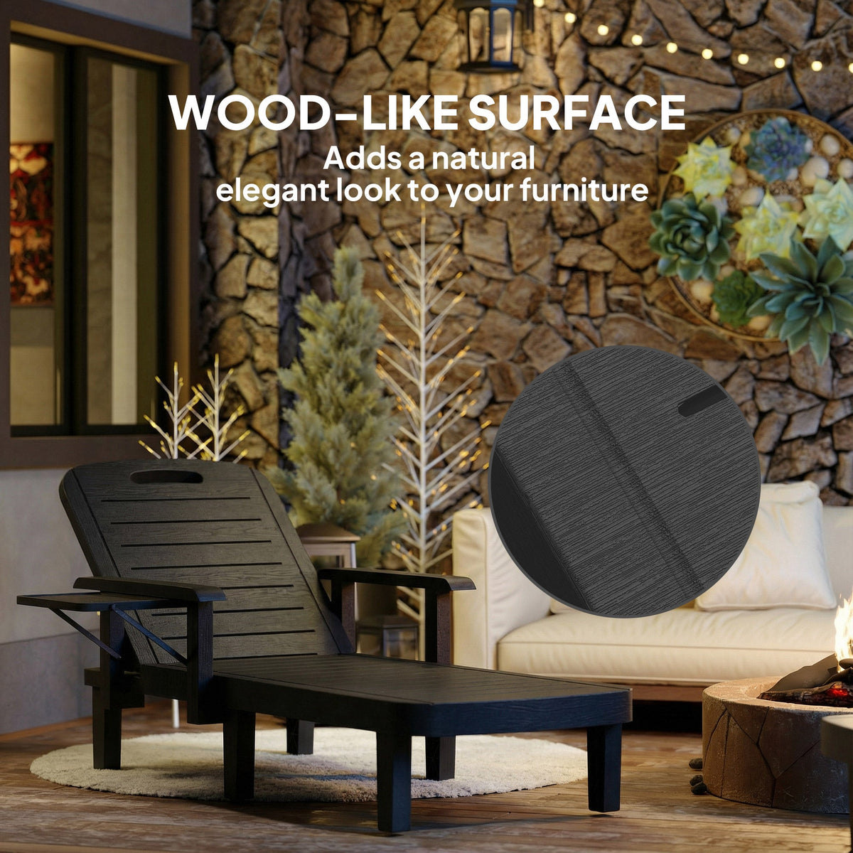 Set of 2 Resin Sun Loungers with Foldable Side Table, Black