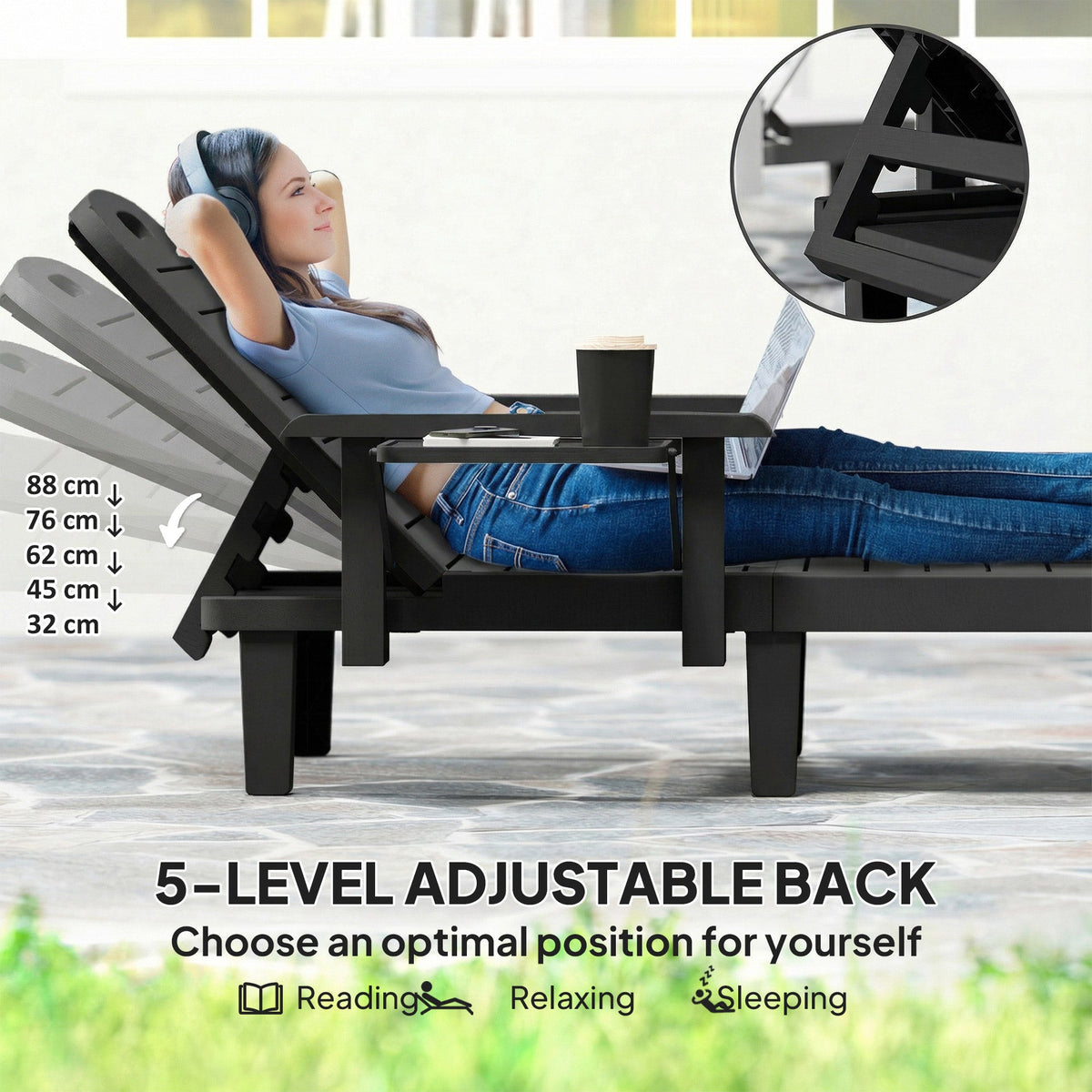Set of 2 Resin Sun Loungers with Foldable Side Table, Black